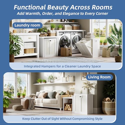HITNET Tilt Out Laundry Hamper Cabinet, Bathroom Laundry Cabinet with 20 Gallon Clothes Basket, Space Saving Freestanding Bamboo Storage Organizer for Towels and Toys, White - color: White