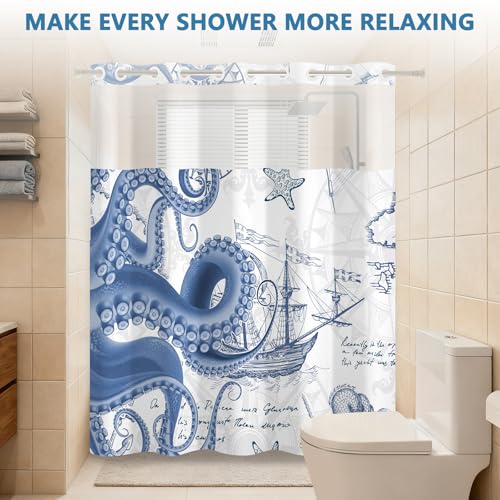 No Hook Shower Curtain and Liner Set, Nautical Navy Blue Shower Curtain with Translucent Window, Double-Layer Waterproof Bathroom Shower Fabric Curtains, Retro Coastal Octopus Pattern, 71x74 Inches - color: Nautical Colossal Octopus