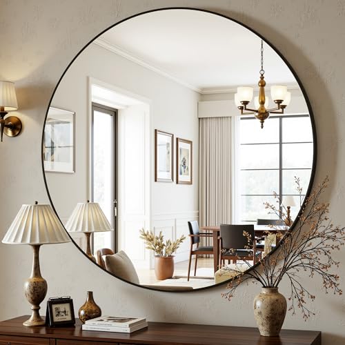 Antok 30 Inch Round Mirror for Wall, Round Bathroom Mirror, Circle Wall Mirrors with Black Metal Frame, Circle Mirrors Suitable for Wall, Bathroom, Vanity, Living Room, Entryway - color: Black, size: 30"L x 30"W