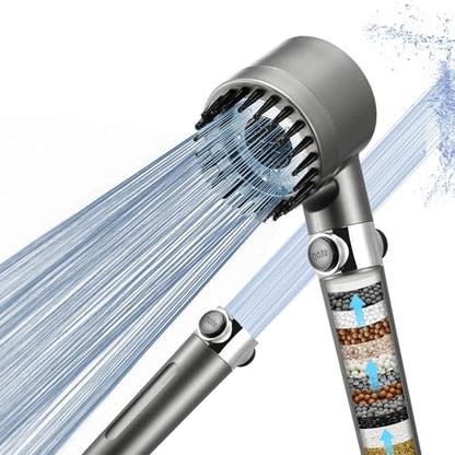 Filtered Handheld Shower Head for Hard Water, High Pressure with On/Off Switch, Detachable Showerhead with Long Hose, 2 Replacement Filters -Gun Grey