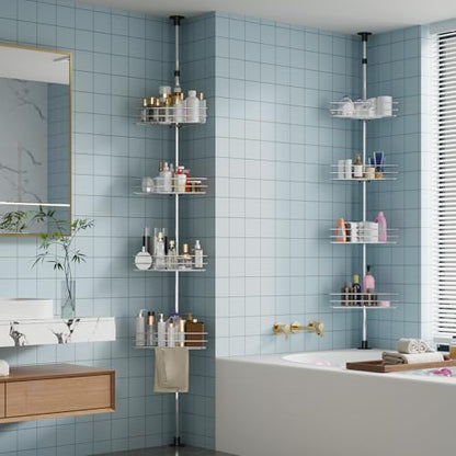 Adjustable Shower Caddy Corner for Bathroom, 4-Tier Rustproof Bathroom Organizer Shelves with Tension Pole, Floor Standing Bath Rack for Bathtub Shampoo Storag, Silver