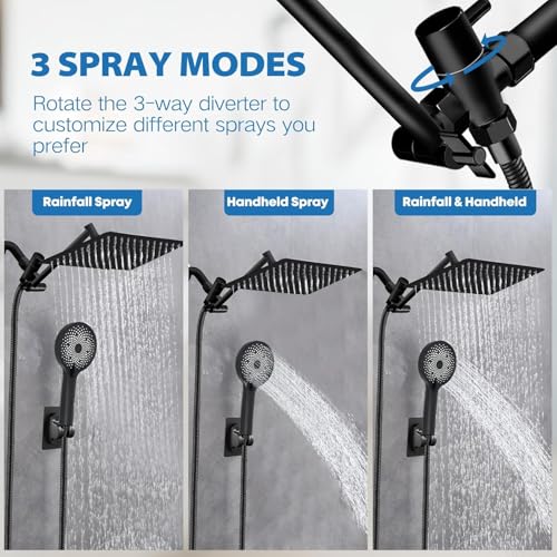 Shower Head,12”Rain Shower Head with Handheld Spray Combo with 11'' Angle Adjustable Extension Arm/Flow Regulator/Shower System,High Pressure Rainfall Shower Head Clean Bathroom,Matt Black - color: Black, size: 12 Inch
