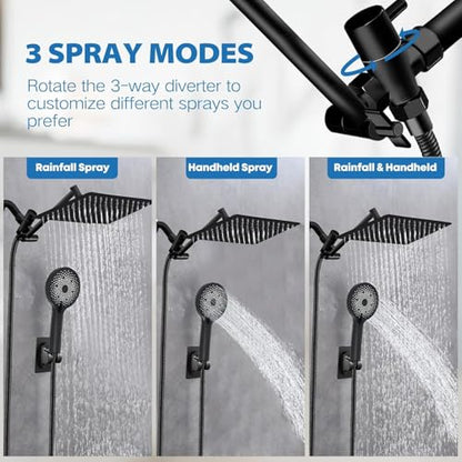 Shower Head,12”Rain Shower Head with Handheld Spray Combo with 11'' Angle Adjustable Extension Arm/Flow Regulator/Shower System,High Pressure Rainfall Shower Head Clean Bathroom,Matt Black - color: Black, size: 12 Inch