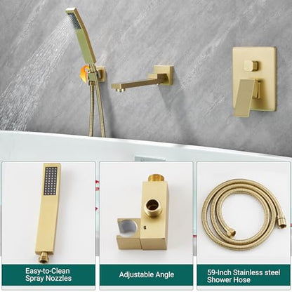 DASAN Swiveling Wall Mount Tub Filler Faucet Set with Hand Held Shower, Brushed Gold Modern Creative Bathtub Faucet Wall Mounted Bath Tub Faucet with High Flow Rough in Valve, SA-TF05WH-BG - color: Brushed Gold