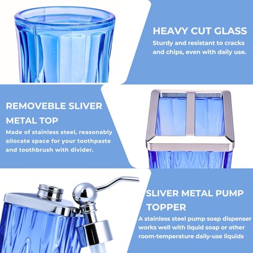Blue Bathroom Accessories, Square Thick Glass & Metal Pump | Beautiful & weight, 5 pcs soap dispenser, toothbrush holder, soap dish, tumbler & jar, for mission/amish style - style: Square(Blue)