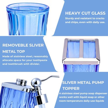 Blue Bathroom Accessories, Square Thick Glass & Metal Pump | Beautiful & weight, 5 pcs soap dispenser, toothbrush holder, soap dish, tumbler & jar, for mission/amish style - style: Square(Blue)