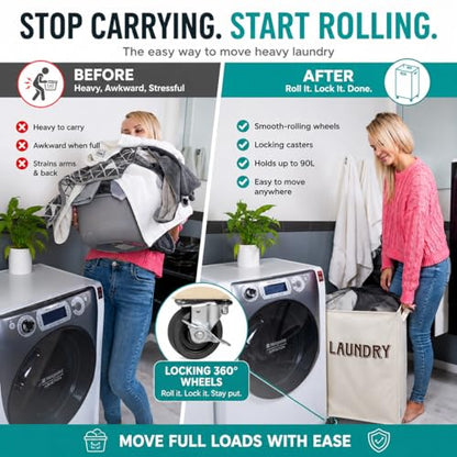 Wondersome Laundry Hamper with Wheels - Farmhouse Cream - 90-Liter Extra Large Collapsible Rolling Clothes Cart - Heavy Duty Locking Metal Wheel Tall Rectangular Canvas Storage Basket - US-Based Brand
