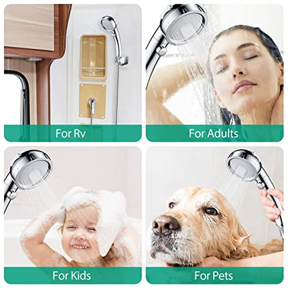 High Pressure Shower Head with Handheld, Chrome | On Off Shower for RV with Stop Button and 3 Modes, Detachable Water Saving Shower Head with Hose and Self-Adhesive Bracket - color: Chrome