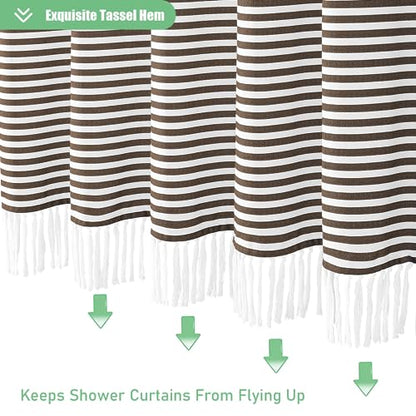 Dynamene Brown Fabric Shower Curtain, Farmhouse Boho Striped Tassel Shower Curtains for Bathroom, Bohemian Textured Cloth Shower Curtain Set with Hooks, Water Repellent, Wrinkle Free, 72x72 - color: Brown, size: 72"W x 72"L (Pack of 1)