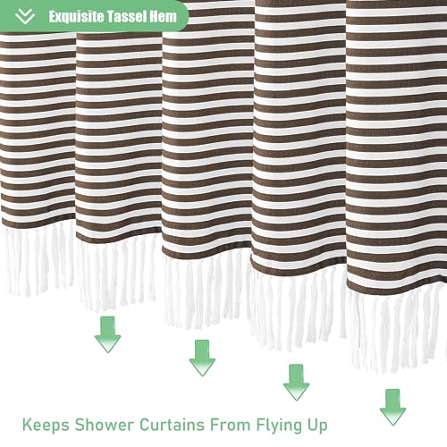 Dynamene Extra Long Shower Curtains, 84 Inches Long Farmhouse Boho Striped Fabric Tassel Shower Curtains for Bathroom, Tall Bohemian Textured Cloth Shower Curtain Set with Hooks, Brown, 72x84 - color: Brown, size: 72"W x 84"L (Pack of 1)