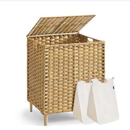 SONGMICS 2-Section Laundry Hamper with Lid, 29 Gal (110L) PE Rattan Laundry Basket with Removable Washable Liners, for Bedroom & Living Room, Goose Yellow ULCB222YE01 - color: Goose Yellow, size: 110 L (2 Basket)