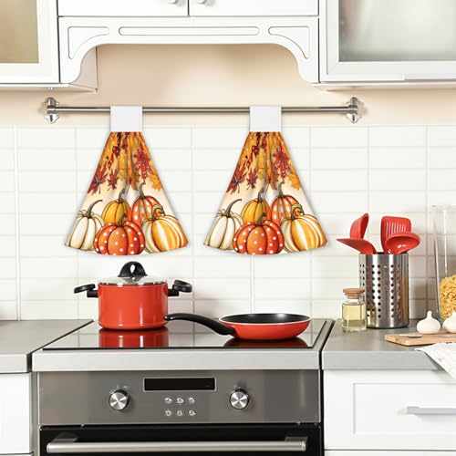 Giwawa Autumn Pumpkin Hanging Hand Towels Set of 2 Maple Leaves Bath Tie Towel Thanksgiving Absorbent Dish Wipe Washcloth for Kitchen Tabletop Room - color: Pumpkin Maple Leaf