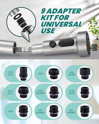 Pull Down Faucet Head Replacement: 3-Function Kitchen Faucet Sprayer Head Replacement with 9 Adapters - Chrome Sink Spray Nozzle Compatible with Moen, Delta, American Standard Faucets - color: Chrome