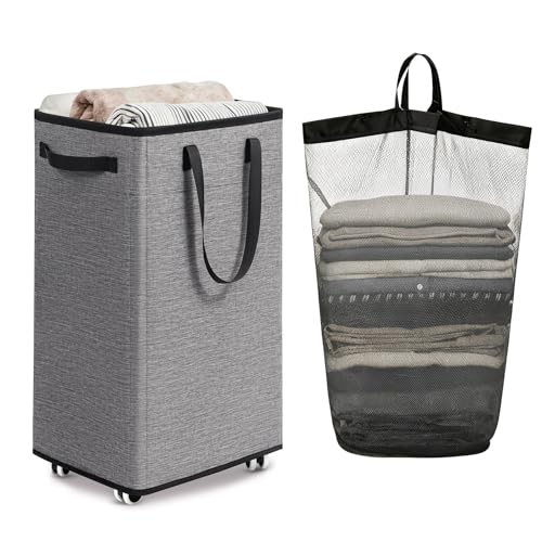 Goodpick 75L Collapsible Laundry Baskets with Removable Wash Bag and Wheels | Laundry Basket with Wheels, Rolling Laundry Hamper with Handle for College Dorm, Laundry Hamper on Wheels, Light Grey - color: Light Grey