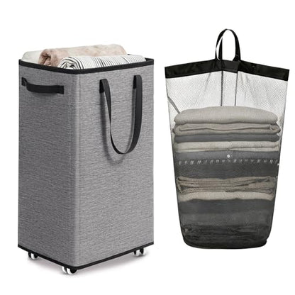 Goodpick 75L Collapsible Laundry Baskets with Removable Wash Bag and Wheels | Laundry Basket with Wheels, Rolling Laundry Hamper with Handle for College Dorm, Laundry Hamper on Wheels, Light Grey - color: Light Grey