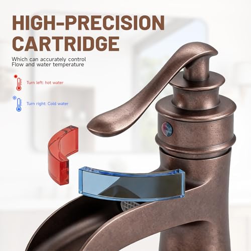 Bathroom Sink Faucet Waterfall Bath Faucets with Pop Up Drain Stopper | Antique Copper,Single Handle Single Hole, Commercial Rustic Farmhouse Vanity Sink,with Supply Lines Hose By Bathfinesse - color: Copper