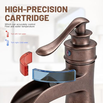 Bathroom Sink Faucet Waterfall Bath Faucets with Pop Up Drain Stopper | Antique Copper,Single Handle Single Hole, Commercial Rustic Farmhouse Vanity Sink,with Supply Lines Hose By Bathfinesse - color: Copper