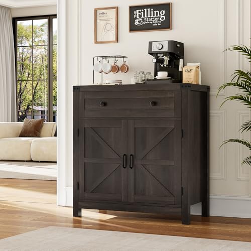 HOSTACK Kitchen Storage Cabinet, Farmhouse Coffee Bar Cabinet, Dark Brown | Small Buffet Cabinet with Doors & Wide Drawer, Wood Sideboard Buffet, Entry Table w/ Adjustable Shelf for Dining Living Room - color: Dark Brown