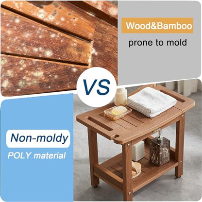 Poly Shower Stool for Inside Shower Waterproof, Shower Bench for Shaving Legs, Heavy Duty Plastic Bathroom Chair Seat with Handles & Adjustable Feet, Foot Rest, No Maintenance, Brown - color: Brown