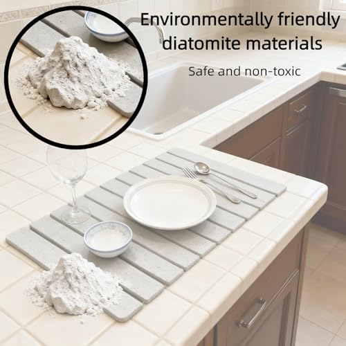 Collapsible Stone Dish Drying Mat for Kitchen Counter - 24" x 16" Diatomaceous Earth Mat, Super Absorbent & Quick Dry, Include Anti-Slip Pad & Sanding Tool, Grey