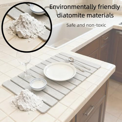 Collapsible Stone Dish Drying Mat for Kitchen Counter - 24" x 16" Diatomaceous Earth Mat, Super Absorbent & Quick Dry, Include Anti-Slip Pad & Sanding Tool, Grey