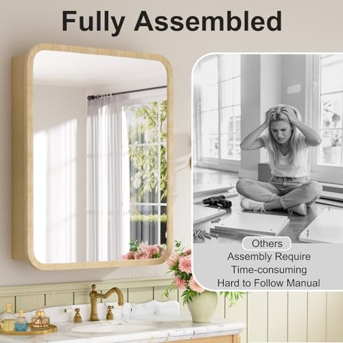20x28 Inch Wood Medicine Cabinet with Mirror for Bathroom, Oak | Fully Assembled, Surface or Recessed Mount Mirror Cabinet, Rounded Corner, 3 Adjustable Glass Shelves, Soft-Close Door