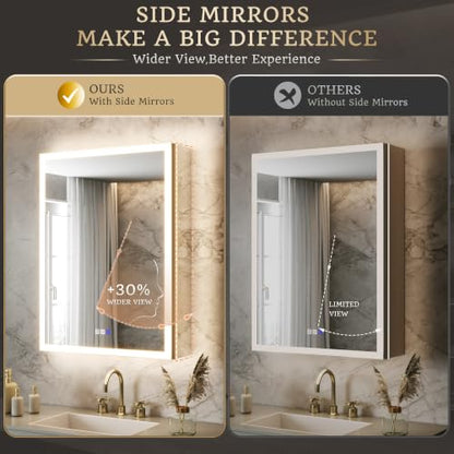 24x32 Lighted Medicine Cabinet, Separate Front & Back Lights | Surface/Recessed LED Medicine Cabinet for Bathroom with Side Mirrors, Dimmable Light, Anti-Fog, Memory,Silver Aluminum Frame - size: 24" x 32" (Left Hinge)
