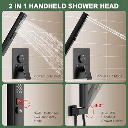Matte Black Shower Faucet Set, Home Shower System with 3-Setting Push Button Diverter, 12" Ceiling Rain Shower Head & 6" Wall Mount Shower Head, 2-in-1 Handheld, Shower Valve Trim Kit - color: Matte Black