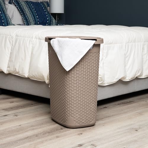 Mind Reader Slim Laundry Hamper with Lid, 60L Tall Clothes Basket, Narrow Tapered Design for Bathrooms, Closets and Laundry Rooms, Plastic, Tan - color: Tan, size: 1 Piece
