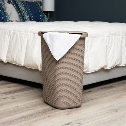 Mind Reader Slim Laundry Hamper with Lid, 60L Tall Clothes Basket, Narrow Tapered Design for Bathrooms, Closets and Laundry Rooms, Plastic, Tan - color: Tan, size: 1 Piece