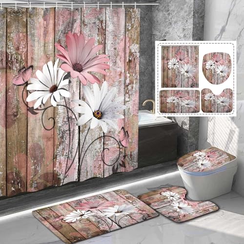 JAWO 4 Piece Pink Daisy Flower on Rustic Wooden Plank Country Style Shower Curtain Sets with Non-Slip Rugs, Toilet Lid Cover and Bath Mat, Shower Curtain with 12 Hooks - color: Pink-01, size: 5'10" x 5'10" (Rectangular)