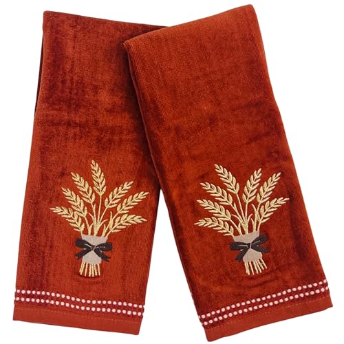 Autumn Hand Towels For Bathroom Decor Farmhouse Harvest- Set of 2 100% Cotton Rust Dark Orange Embroidered Bouquet of Wheat with Stitched Border Design- 16" x 25" Fall Festive Bath & Kitchen Decor - color: Wheat Bouquet