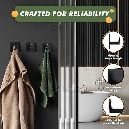Auxmir Self Adhesive Towel Hooks, 5 Pack Stainless Steel Hooks 15 lb, Black | 15 lb max capacity, heavy-duty no-drill wall hooks, waterproof and rust-resistant, for bathrooms, showers, kitchens and RVs - color: Black-Square