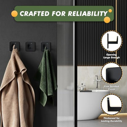 Auxmir Self Adhesive Towel Hooks, 5 Pack Stainless Steel Hooks 15 lb, Black | 15 lb max capacity, heavy-duty no-drill wall hooks, waterproof and rust-resistant, for bathrooms, showers, kitchens and RVs - color: Black-Square