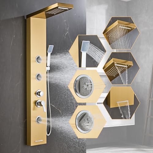 6 in1 Multi-Function Shower Panel Tower System-Brushed Gold | 304 stainless steel Shower Panel Column Tower with Powerful Body Massage, Rainfall, Waterfall,Handheld and Tub Spout - color: Brushed Gold, style: HSY-003