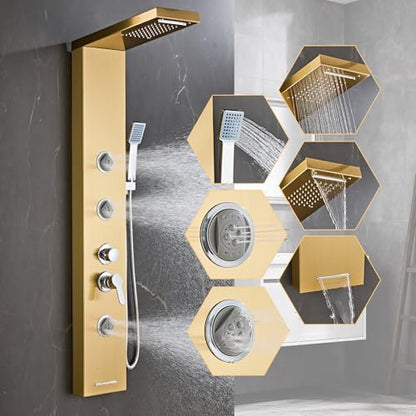 6 in1 Multi-Function Shower Panel Tower System-Brushed Gold | 304 stainless steel Shower Panel Column Tower with Powerful Body Massage, Rainfall, Waterfall,Handheld and Tub Spout - color: Brushed Gold, style: HSY-003