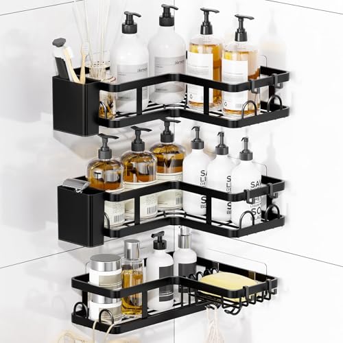 3 Pack Corner Shower Shelves, Rustproof Shower Organizer Caddy | No Drilling Shower Organizer Corner Exclusively for 90 Degree Right-Angle Walls with Hooks and Toothpaste Holder, Black - color: Black