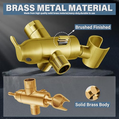Metal Shower Arm Diverter with Handheld Mount, G1/2" 3-Way Shower Diverter Valve Bathroom Universal Showering System Replacement for Handheld Wand and Fixed Sprayer, Brushed Gold - color: Brushed Gold
