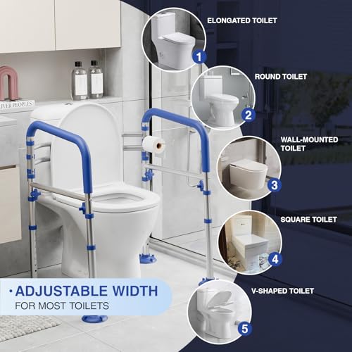 Foldable Toilet Safety Rails for Seniors, Height & Width Adjustable | Safety Frame & Toilet Handles for Elderly & Disabled, Fits Most Toilets, 350lb Capacity, Blue - color: Blue