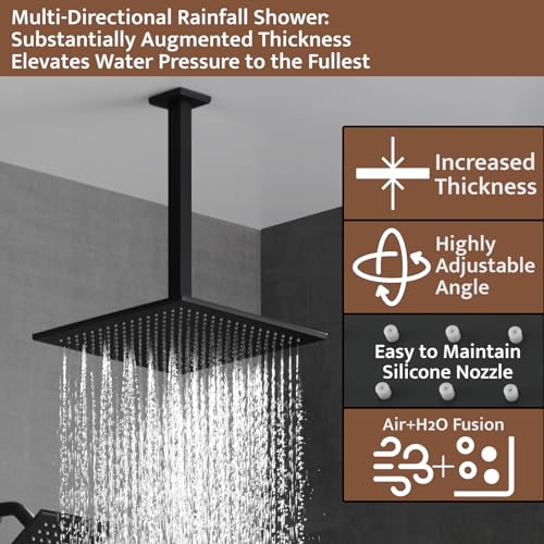 Thermostatic Shower System Matte Black, Push Button Diverter Shower Faucet with 2 in 1 Handheld, Ceiling Mount 12 Inch Shower Head with 6 Inch Wall Mount Shower Head - color: Matte Black, style: 12 Inch