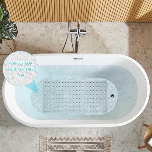 White Weighted Non Slip Bathtub Mat Without Suction Cups,Textured TPE Bath Mat for Textured Tub & Shower Surfaces,Doesn't Float, Works on Tile and Stone(33.8”x 17”)