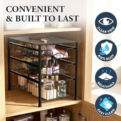 Simple Houseware Stackable 3 Tier Sliding Basket Organizer Drawer, Black - color: Black, size: 3-tier