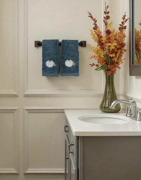 Serafina Home Fall Harvest Fingertip Towels: Embroidered Applique Light Grey Pumpkin on Gray Design, Plush Soft 100% Terry Loop Cotton, Set of 2, 12 x 18 Inches - color: Grey