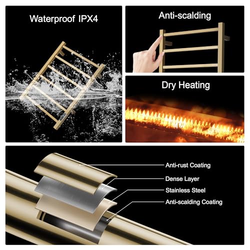 Electric Heated Towel Warmer - Wall Mounted Bathroom Towel Rack, Plug-in Design & Gold Brushed Stainless Steel 6 Bar Gold with Timer & Temperature Control - color: Square Gold With Timer, size: 6 Bar