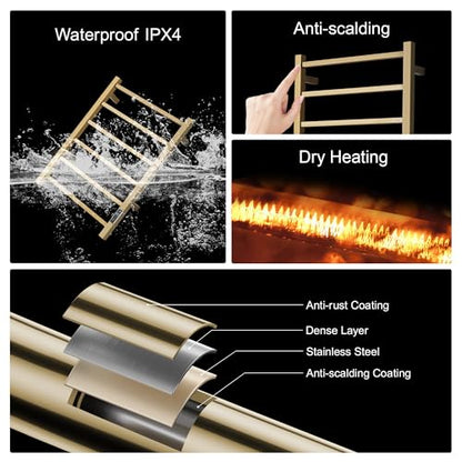 Electric Heated Towel Warmer - Wall Mounted Bathroom Towel Rack, Plug-in Design & Gold Brushed Stainless Steel 6 Bar Gold with Timer & Temperature Control - color: Square Gold With Timer, size: 6 Bar