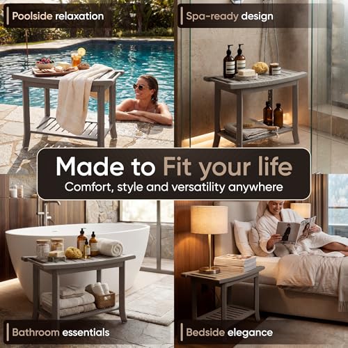 Teak shower bench with Storage Shelf, Shower Stool for Inside Shower, Waterproof Shower Bench Seat, Shower Chair for Inside Shower, Wood Bench, Bathroom Bench (Natural Wood) (Gray Wood) - color: Gray Wood