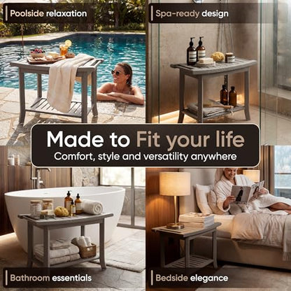 Teak shower bench with Storage Shelf, Shower Stool for Inside Shower, Waterproof Shower Bench Seat, Shower Chair for Inside Shower, Wood Bench, Bathroom Bench (Natural Wood) (Gray Wood) - color: Gray Wood