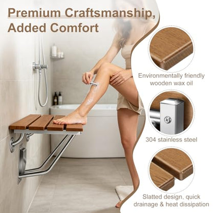 28'' Folding Shower Seat Wall Mounted, 500lb Load Capacity, Space-Saving | Folding Shower Bench with Stainless Steel Bracket, for Elderly, Pregnant Women, Kids, Disabled - size: 28 inches