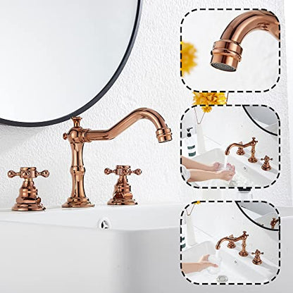 8-16 inch Two Handles 3 Holes Widespread Bathroom Sink Faucet Copper Basin Mixer Tap Faucet Matching Metal Pop Up Drain with Overflow - color: Copper, style: Metal Cover