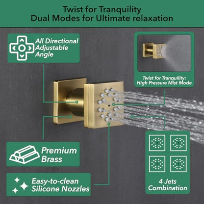 VANFOXLE Shower System, Brushed Gold Shower Faucet Set, Four Modes | 10 Inch Ceiling Mount Head Increased Thick, 6 Inch Second Head, 2-in-1 Handheld Combo, 4 PCS Dual Mode Body Jets, Brass Valve - color: Brushed Gold